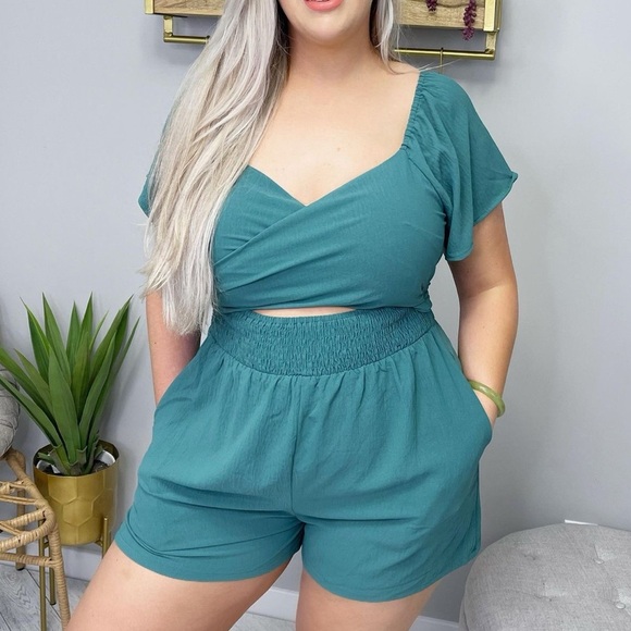 Teal Short Sleeve 2-way Romper - Picture 1 of 8